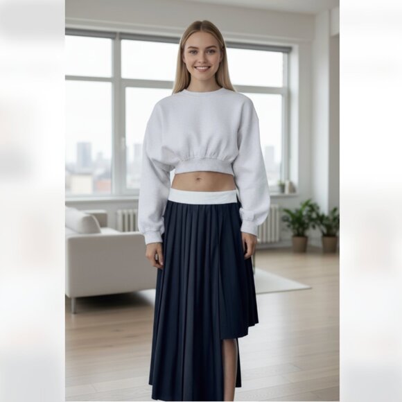 ZARA NEW WOMAN HIGH-WAIST ASYMMETRIC BOX PLEAT SKIRT PINSTRIPES BLUE - Picture 1 of 11
